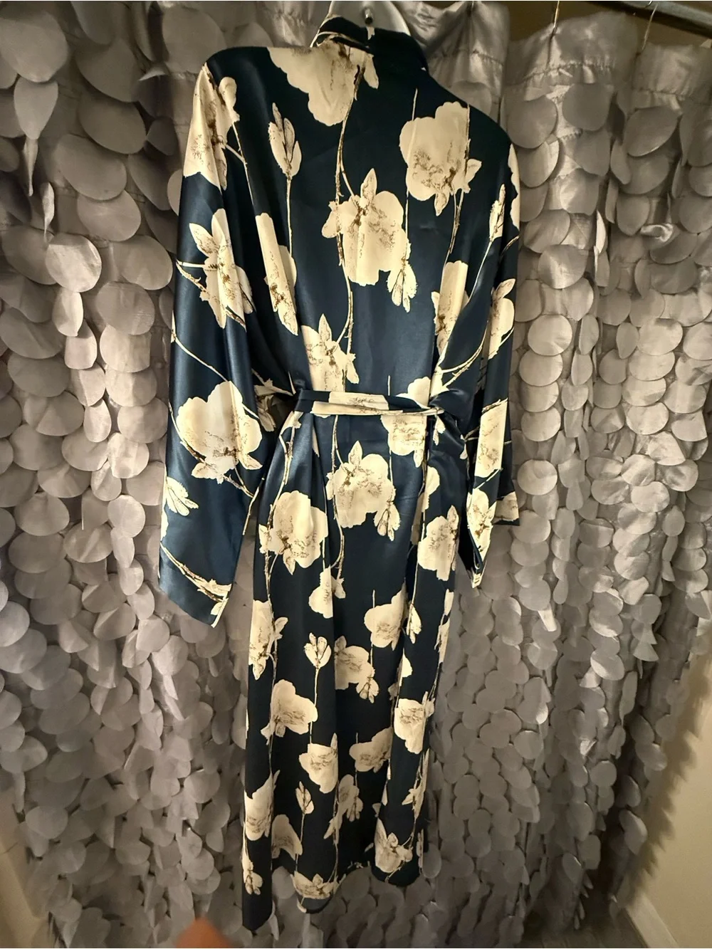 Floral Satin Kimono Robe in Black & Cream